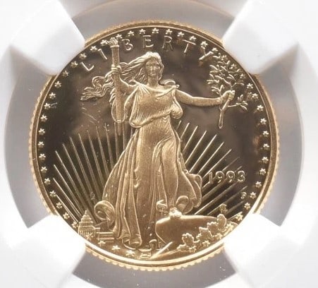 1993-P $10 AMERICAN GOLD EAGLE: 1993-P $10 American Gold Eagle Brand/Mint: None Year: 1993 Fineness: None Denomination: $10 Country of Origin: United States Accessories: None Accessories Notice: When purchasing pre-owned goods,