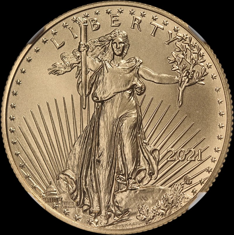 2021 GOLD AMERICAN EAGLE $25: 2021 Gold American Eagle $25 Year: 2021 Fineness: 0.9167 Composition: Gold Denomination: $25 Country of Origin: United States Accessories: None Accessories Notice: When purchasing pre-owned goods,