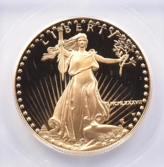 1987-W $50 AMERICAN GOLD EAGLE: 1987-W $50 American Gold Eagle Brand/Mint: U.S. Mint Year: 1987 Fineness: None Denomination: $50 Country of Origin: United States Accessories: None Accessories Notice: When purchasing pre-