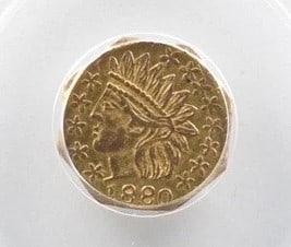 1880 INDIAN HEAD 25 CENT CALIFORNIA FRACTIONAL GOLD: 1880 Indian Head 25 Cent California Fractional Gold Brand/Mint: None Year: 1880 Fineness: None Denomination: 25C Country of Origin: United States Accessories: None Accessories Notice: When