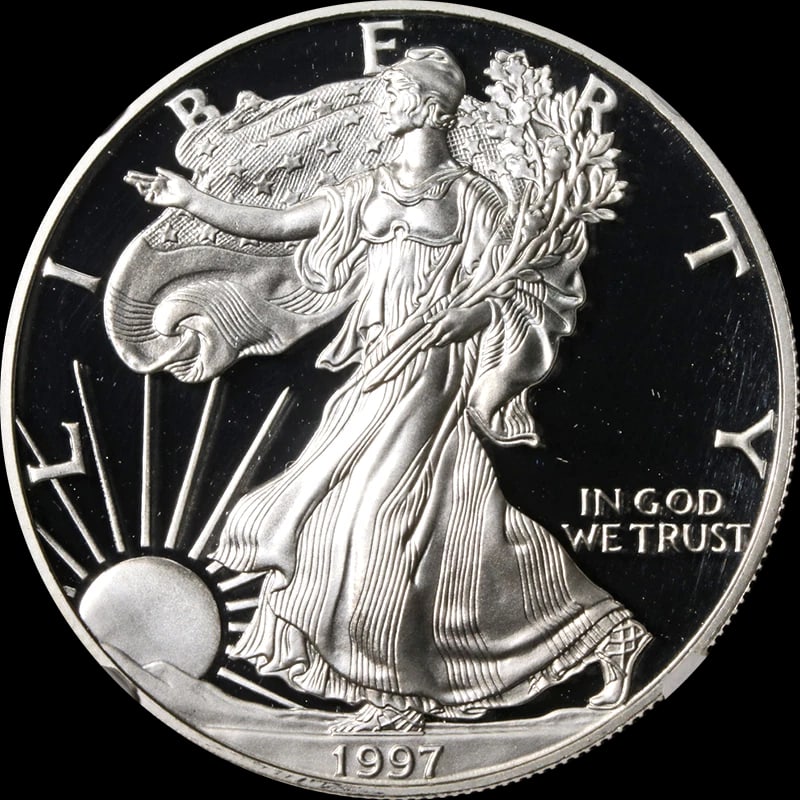 1997-P SILVER AMERICAN EAGLE $1: 1997-P Silver American Eagle $1 Year: 1997 Fineness: 0.999 Composition: Silver Denomination: $1 Country of Origin: United States Accessories: None Accessories Notice: When purchasing pre-o