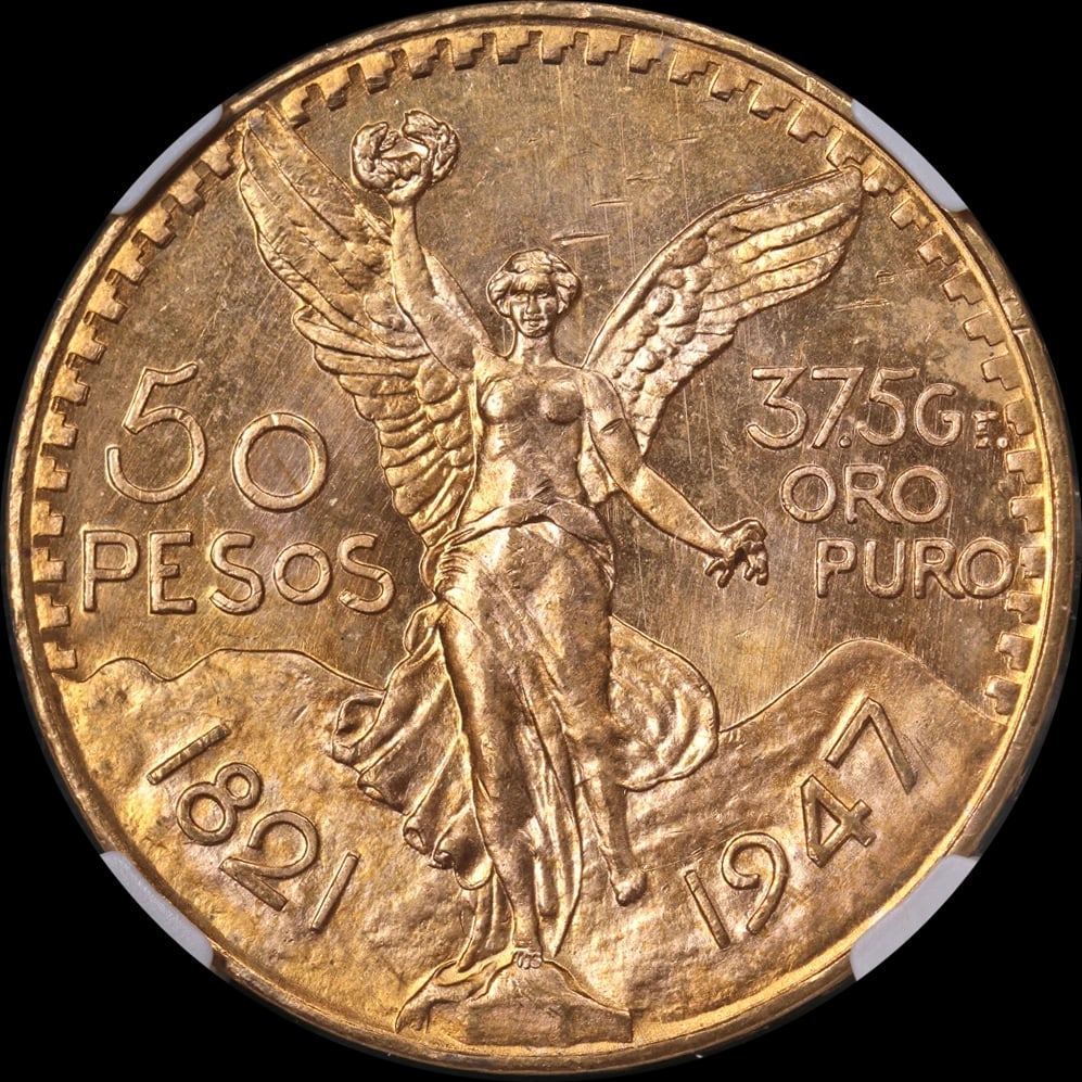 1947 MEXICO GOLD 50 PESO RESTRIKE: 1947 Mexico Gold 50 Peso Restrike Year: 1947 Fineness: 0.9 Composition: Gold Denomination: 50 Peso Country of Origin: Mexico Accessories: None Accessories Notice: When purchasing pre-owned