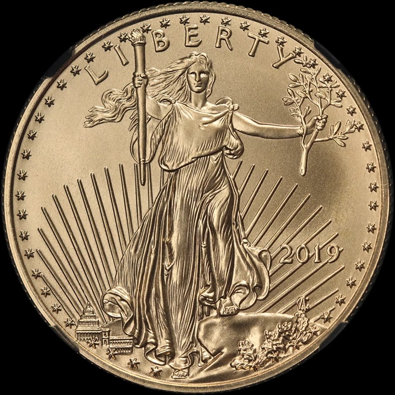 2019 GOLD AMERICAN EAGLE $25: 2019 Gold American Eagle $25 Year: 2019 Fineness: 0.9167 Composition: Gold Denomination: $25 Country of Origin: United States Accessories: None Accessories Notice: When purchasing pre-owne