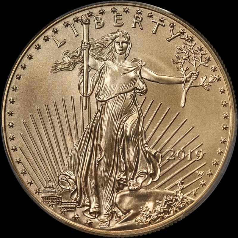 2019-W GOLD AMERICAN EAGLE $50: 2019-W Gold American Eagle $50 Year: 2019 Fineness: 0.9167 Composition: Gold Denomination: $50 Country of Origin: United States Accessories: None Accessories Notice: When purchasing pre-ow