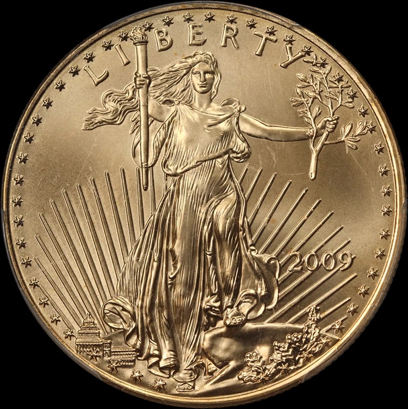 2009 GOLD AMERICAN EAGLE $50: 2009 Gold American Eagle $50 Year: 2009 Fineness: 0.9167 Composition: Gold Denomination: $50 Country of Origin: United States Accessories: None Accessories Notice: When purchasing pre-owne