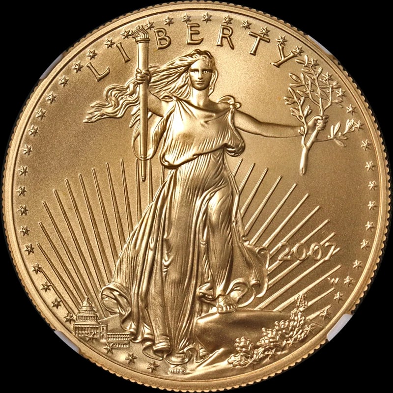 2007-W GOLD AMERICAN EAGLE $50: 2007-W Gold American Eagle $50 Year: 2007 Fineness: 0.9167 Composition: Gold Denomination: $50 Country of Origin: United States Accessories: None Accessories Notice: When purchasing pre-ow