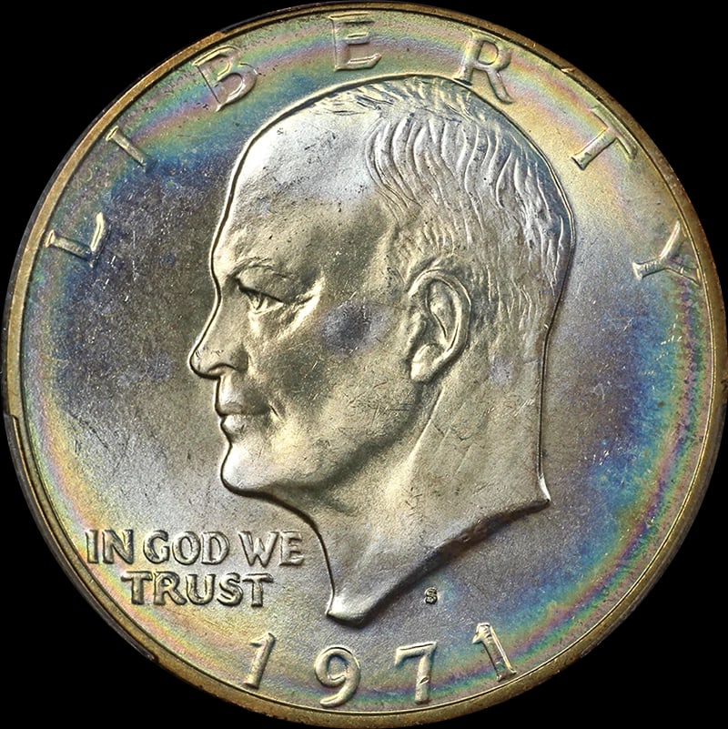 1971-S EISENHOWER IKE SILVER DOLLAR IRIDESCENT: 1971-S Eisenhower Ike Silver Dollar Iridescent Year: 1971 Fineness: None Composition: Silver Denomination: None Country of Origin: United States Accessories: None Accessories Notice: When