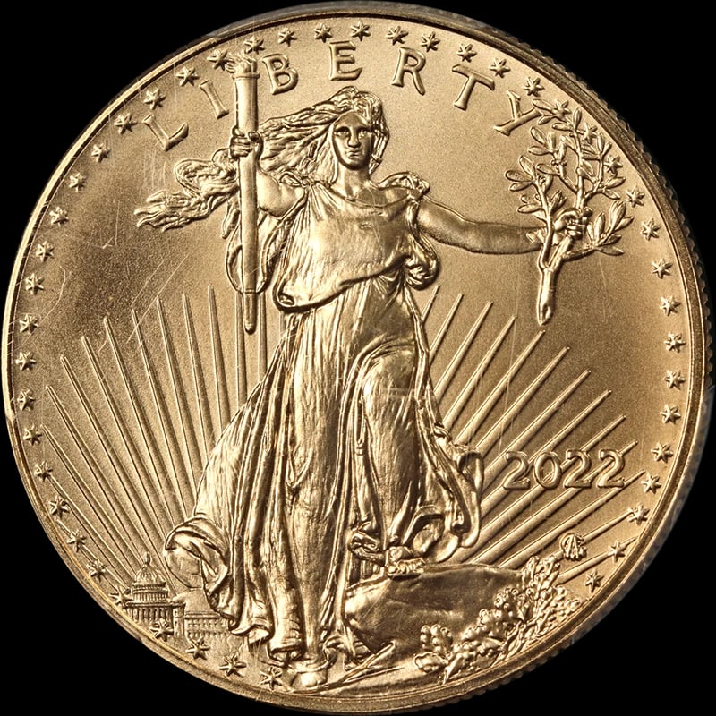 2022 GOLD AMERICAN EAGLE $50: 2022 Gold American Eagle $50 Year: 2022 Fineness: 0.9167 Composition: Gold Denomination: $50 Country of Origin: United States Accessories: None Accessories Notice: When purchasing pre-owne
