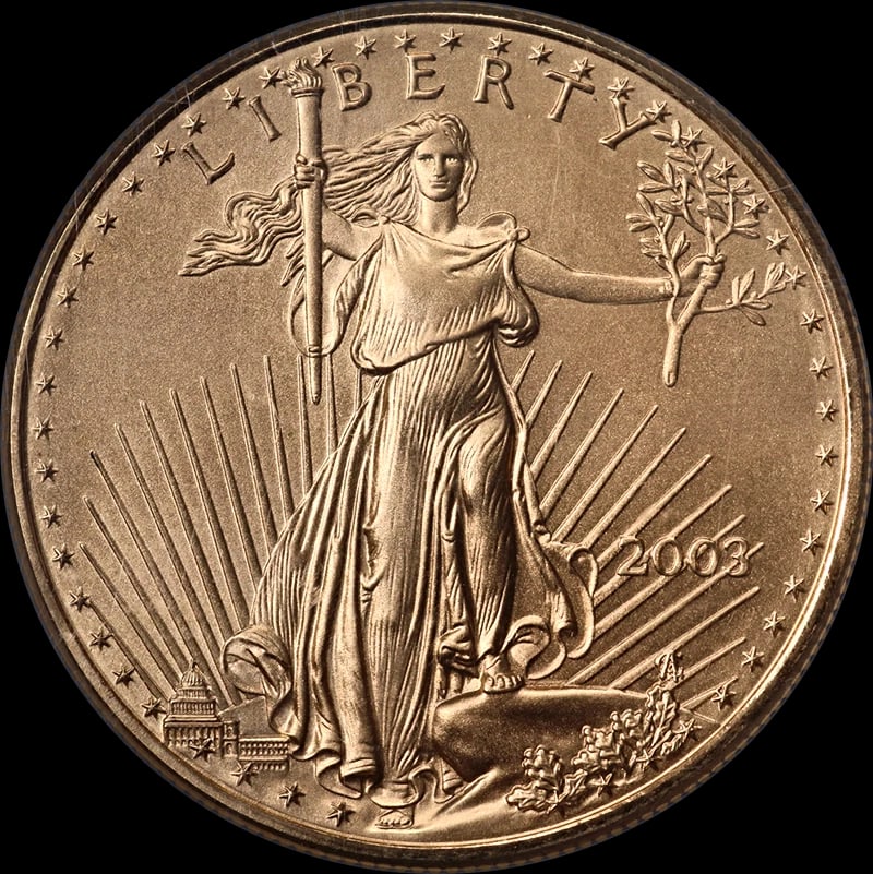 2003 GOLD AMERICAN EAGLE: 2003 Gold American Eagle Year: 2003 Fineness: 0.9167 Composition: Gold Denomination: None Country of Origin: United States Accessories: None Accessories Notice: When purchasing pre-owned g