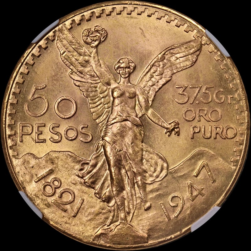 1947 MEXICO GOLD 50 PESO: 1947 Mexico Gold 50 Peso Year: 1947 Fineness: 0.9 Composition: Gold Denomination: 50 Peso Country of Origin: Mexico Accessories: None Accessories Notice: When purchasing pre-owned goods, p