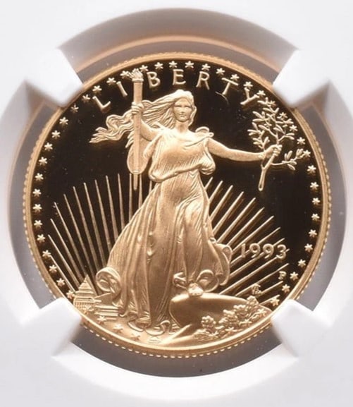 1993-P $25 AMERICAN GOLD EAGLE: 1993-P $25 American Gold Eagle Brand/Mint: None Year: 1993 Fineness: None Denomination: $25 Country of Origin: United States Accessories: None Accessories Notice: When purchasing pre-owned