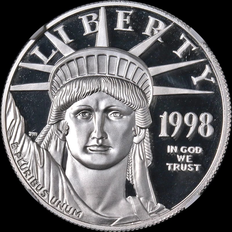 1998-W PLATINUM AMERICAN EAGLE: 1998-W Platinum American Eagle Year: 1998 Fineness: 0.9995 Composition: Platinum Country of Origin: United States Accessories: None Accessories Notice: When purchasing pre-owned goods, please refer