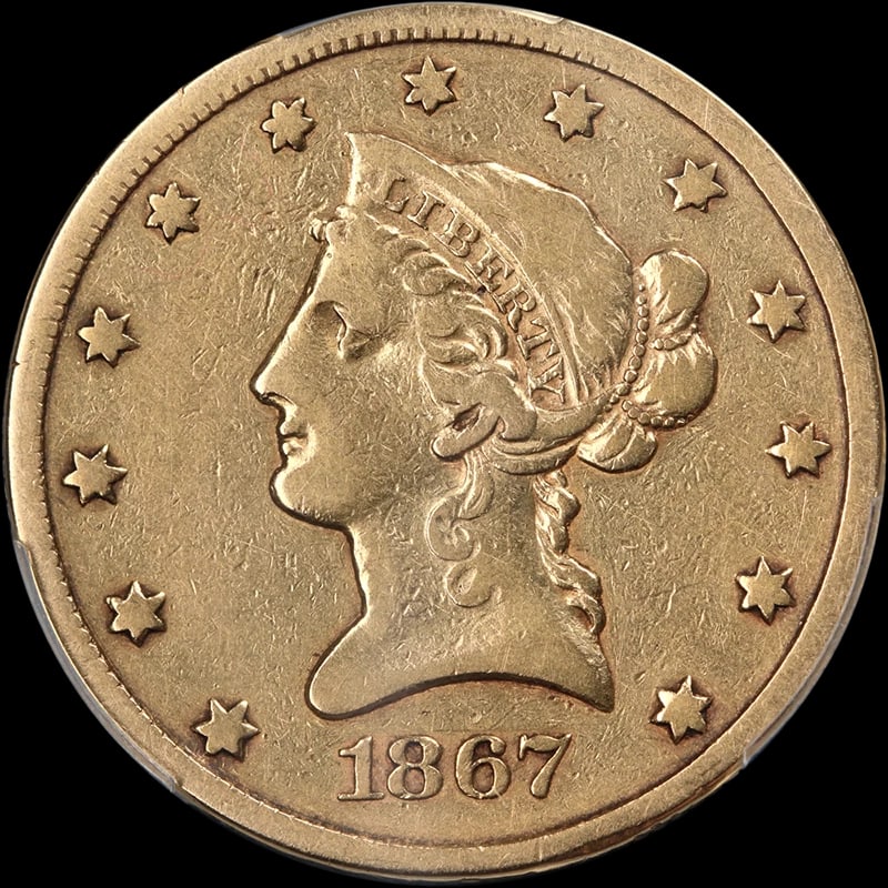1867-S LIBERTY GOLD $10: 1867-S Liberty Gold $10 Year: 1867 Fineness: 0.9 Composition: Gold Denomination: $10 Country of Origin: United States Accessories: None Accessories Notice: When purchasing pre-owned goods, please