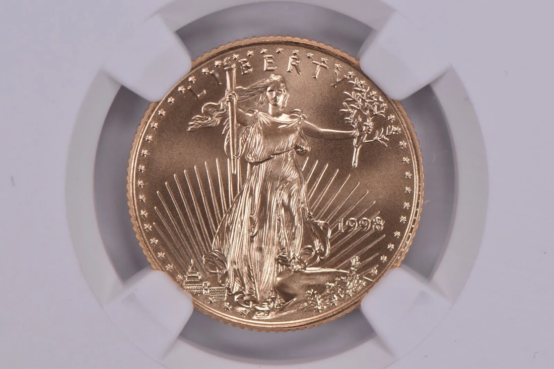 1998 $10 AMERICAN GOLD EAGLE: 1998 $10 American Gold Eagle Brand/Mint: U.S. Mint Year: 1998 Fineness: None Country of Origin: United States Accessories: None Accessories Notice: When purchasing pre-owned goods, please refer to