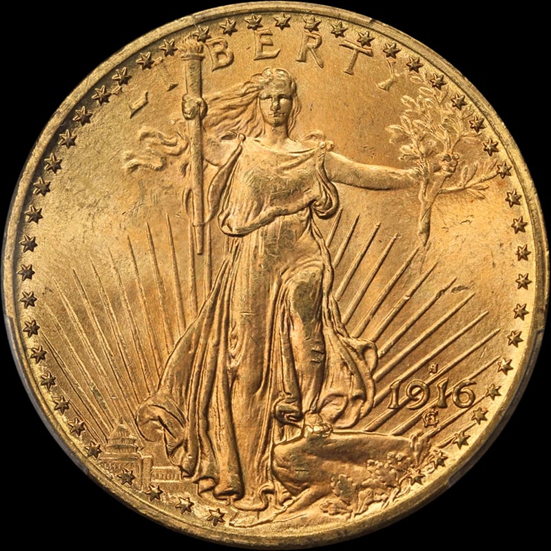 1916-S SAINT-GAUDENS GOLD $20: 1916-S Saint-Gaudens Gold $20 Year: 1916 Fineness: 0.9 Composition: Gold Denomination: $20 Country of Origin: United States Accessories: None Accessories Notice: When purchasing pre-owned