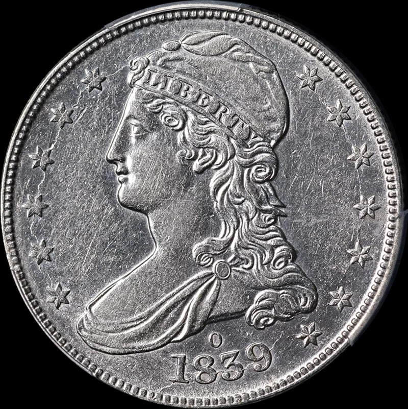 1839-O BUST HALF DOLLAR: 1839-O Bust Half Dollar Year: 1839 Fineness: None Composition: Silver Denomination: Half Dollar Country of Origin: United States Accessories: None Accessories Notice: When purchasing pre-o