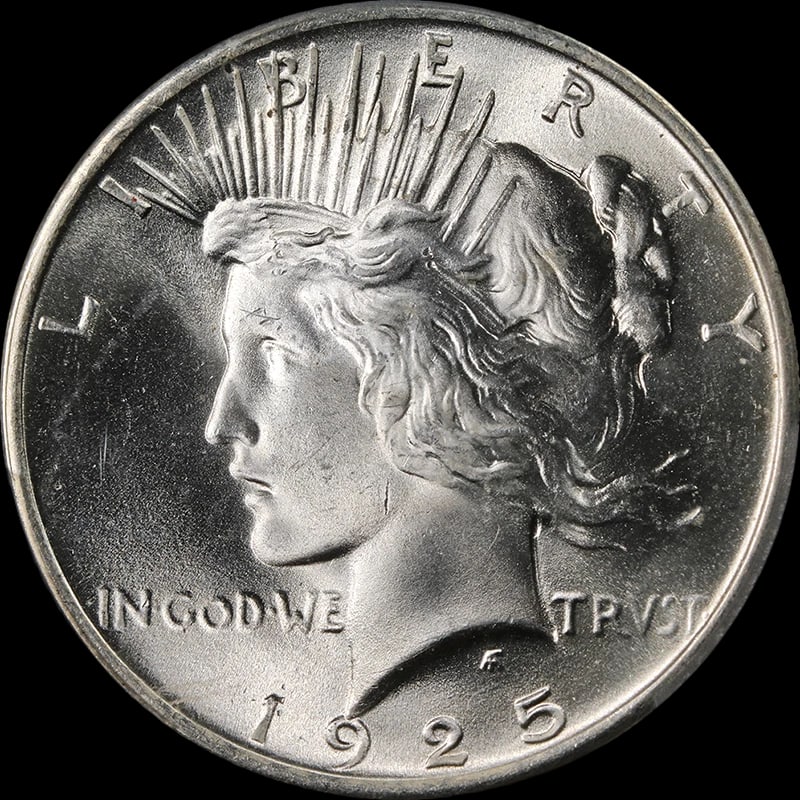 1925-P PEACE DOLLAR BLAZING WHITE: 1925-P Peace Dollar Blazing White Year: 1925 Fineness: 0.9 Composition: Silver Denomination: None Country of Origin: United States Accessories: None Accessories Notice: When purchasing pre