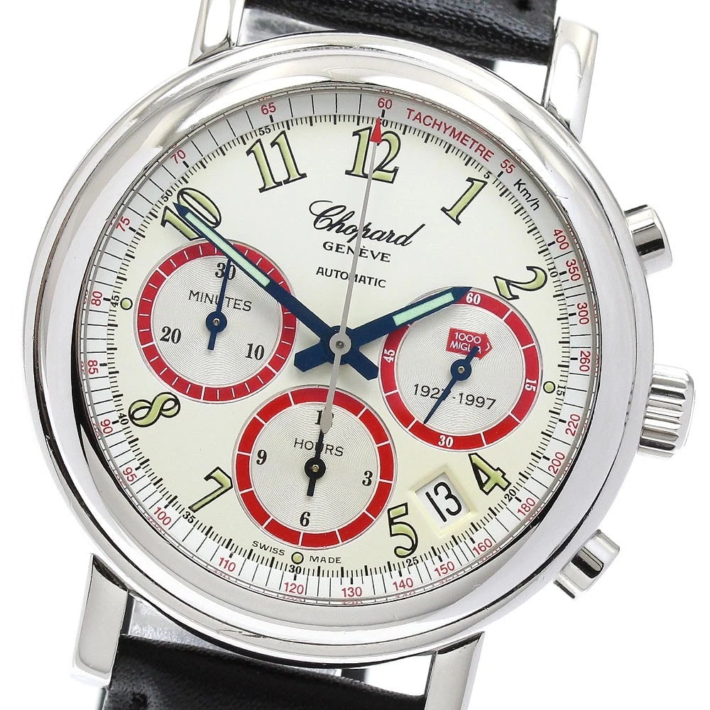 CHOPARD MILLE MIGLIA CHRONOGRAPH WATCH: Chopard Mille Miglia Chronograph watch Brand: Chopard Type: Wristwatch Material: Band Material leather, Case Material Stainless Steel Color: Band Color Brown, Dial Colorbeige, Case ColorSilver Size: