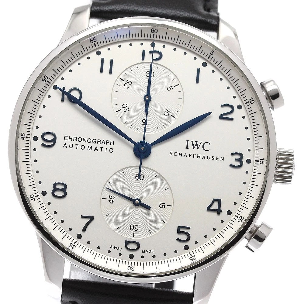 IWC SCHAFFHAUSEN CHRONOGRAPH WATCH: IWC SCHAFFHAUSEN Chronograph watch Brand: IWC SCHAFFHAUSEN Type: Wristwatch Material: Band Material leather, Case Material Stainless Steel Color: Band Color black, Dial ColorSilver, Case ColorSilver