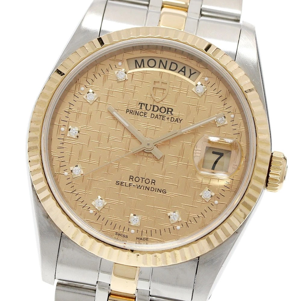 TUDOR PRINCE DATE YG DIAMOND AUTOMATIC WATCH: TUDOR Prince Date YG diamond Automatic Watch Brand: TUDOR Type: Wristwatch Material: Band Material Stainless Steel/YG, Case Material Stainless Steel/YG Color: Band Color Gold / Silver, Dial Colorgold,