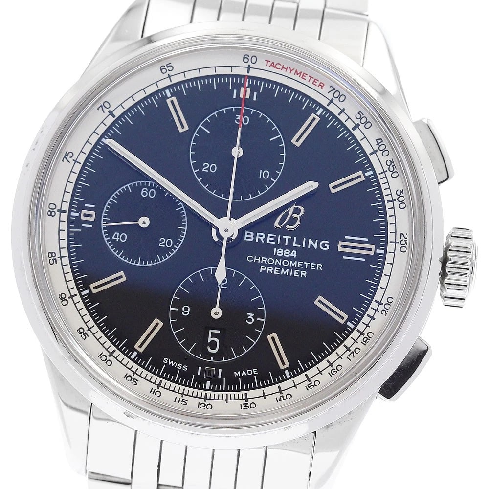 BREITLING PREMIER CHRONOGRAPH BLACK AUTOMATIC WATCH: BREITLING Premier Chronograph black Automatic Watch Brand: BREITLING Type: Wristwatch Material: Band Material Stainless Steel, Case Material Stainless Steel Color: Band Color Silver, Dial Colorblack, 