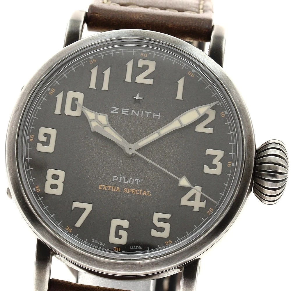 ZENITH PILOT AUTOMATIC WATCH: ZENITH pilot Automatic Watch Brand: ZENITH Type: Wristwatch Material: Band Material leather, Case Material Stainless Steel (Aged Processing) Color: Band Color Brown, Dial Colorgray, Case ColorSilver S