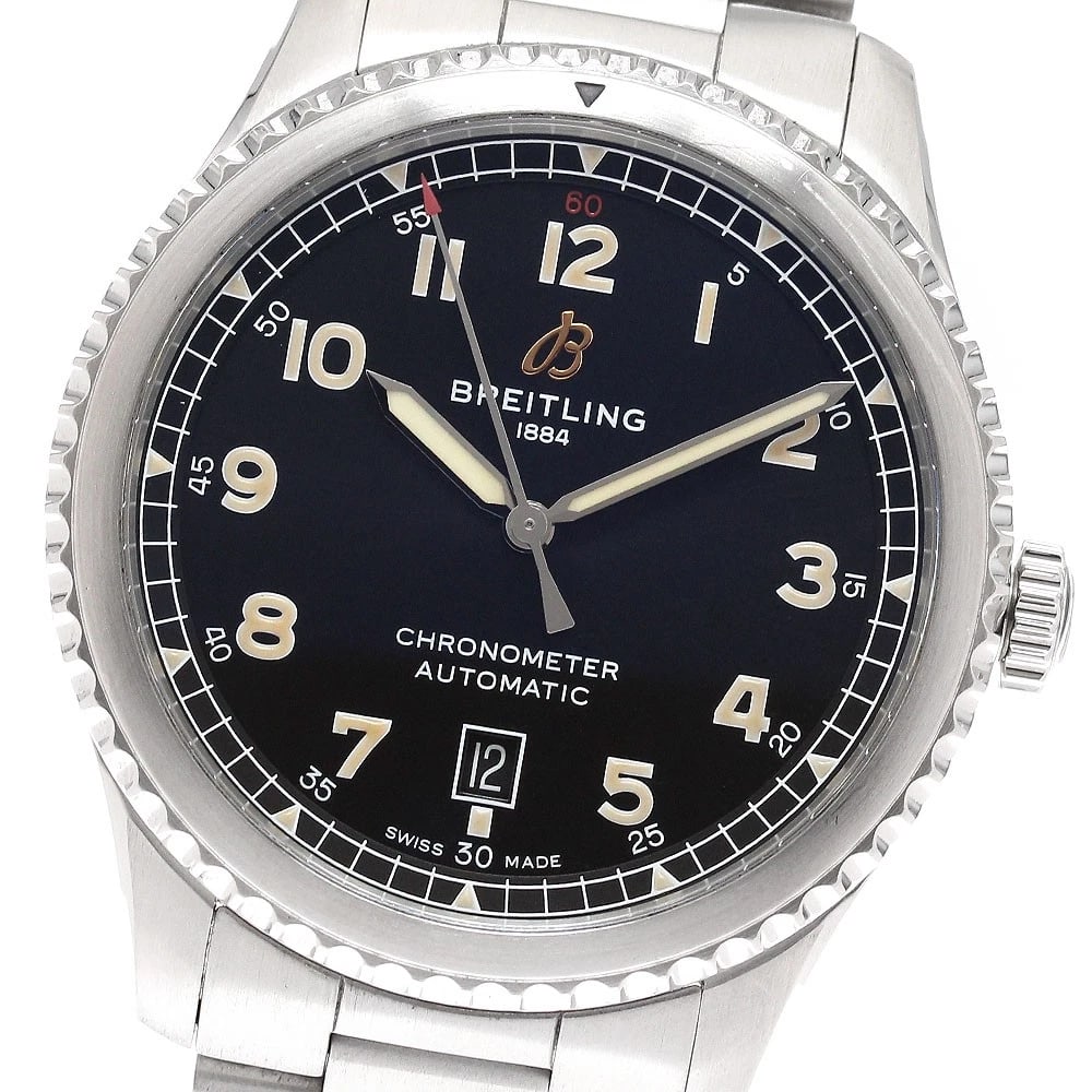 BREITLING AVIATOR AUTOMATIC BLACK AUTOMATIC WATCH: BREITLING Aviator Automatic black Automatic Watch Brand: BREITLING Type: Wristwatch Material: Band Material Stainless Steel, Case Material Stainless Steel Color: Band Color Silver, Dial Colorblack,