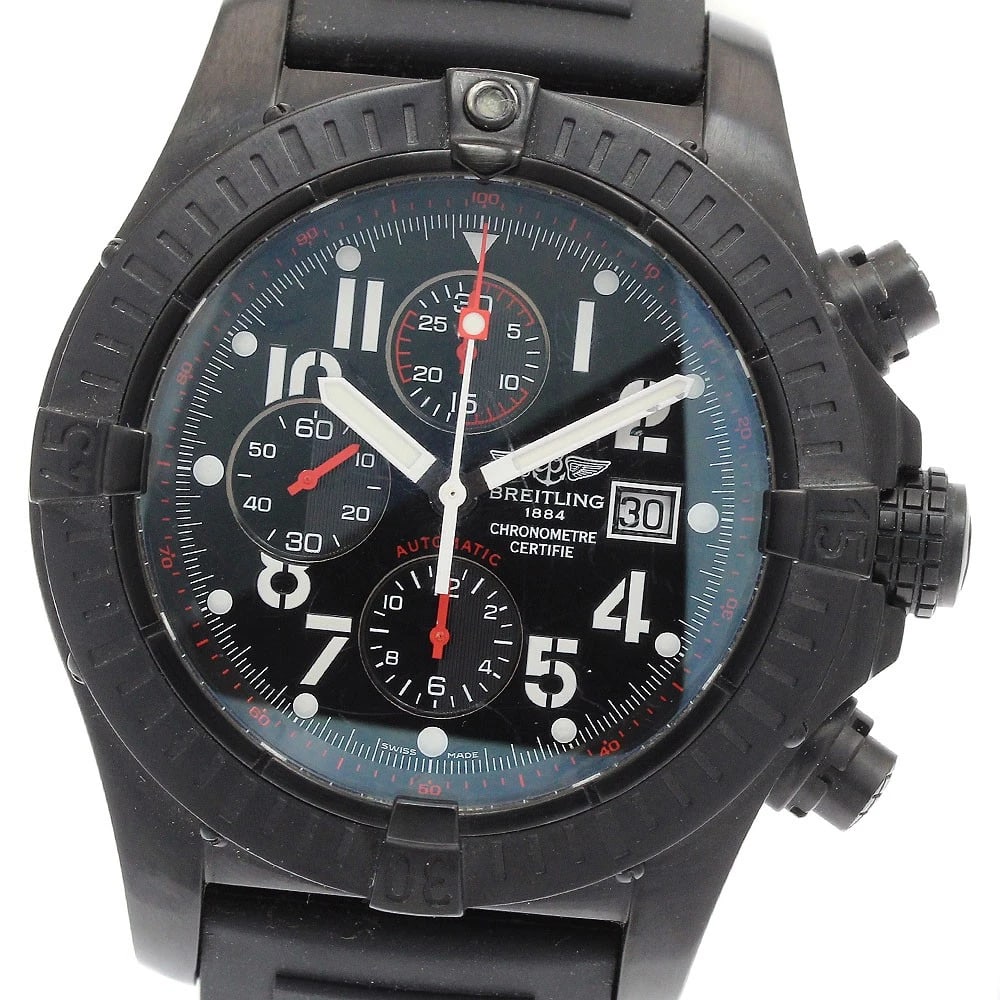 BREITLING SUPER AVENGER BLACK STEEL AUTOMATIC WATCH: BREITLING super avenger black steel Automatic Watch Brand: BREITLING Type: Wristwatch Material: Band Material rubber, Case Material Stainless Steel Color: Band Color black, Dial Colorblack, Case Color