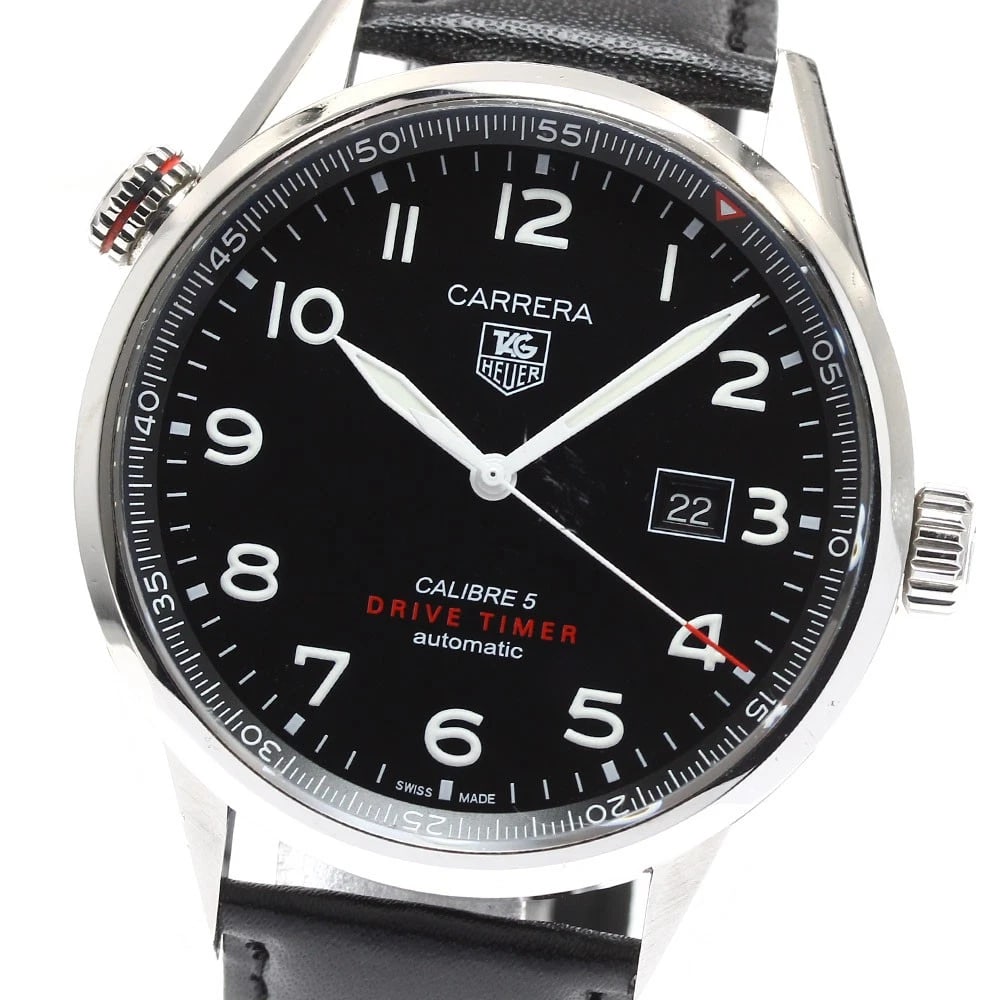TAG HEUER CARRERA CALIBER AUTOMATIC: TAG HEUER Carrera Caliber Automatic Brand: TAG HEUER Type: Wristwatch Material: Band Material leather, Case Material Stainless Steel Color: Band Color black, Dial Colorblack, Case ColorSilver Size: Ca