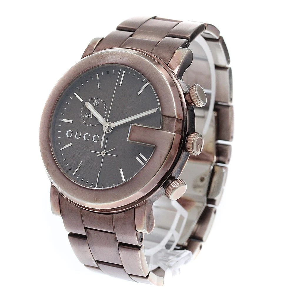 GUCCI CHRONOGRAPH BROWN QUARTZ WATCH: GUCCI Chronograph Brown Quartz Watch Brand: GUCCI Type: Wristwatch Material: Band Material Stainless Steel, Case Material Stainless Steel Color: Band Color Brown, Dial ColorBrown, Case ColorBrown