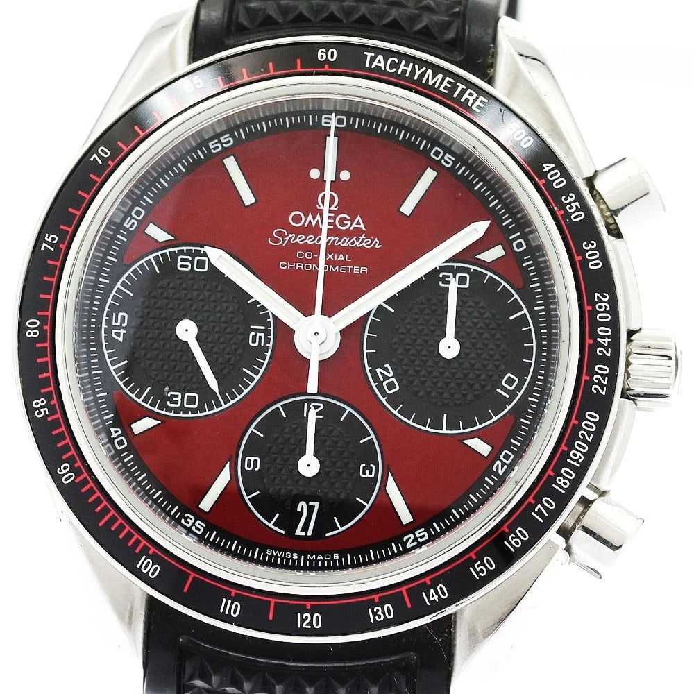 OMEGA SPEEDMASTER RACING CHRONOGRAPH WATCH: OMEGA Speedmaster Racing Chronograph Watch Brand: OMEGA Type: Wristwatch Material: Band Material rubber, Case Material Stainless Steel Color: Band Color black, Dial ColorRed / black, Case ColorSilver