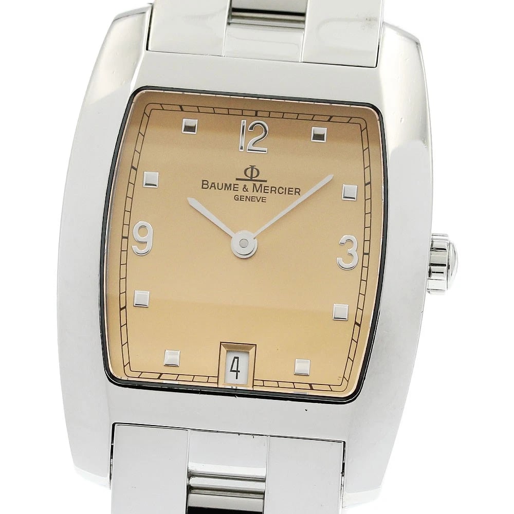 BAUME & MERCIER DATE ORANGE QUARTZ WATCH: Baume & Mercier Date Orange Quartz Watch Brand: Baume & Mercier Type: Wristwatch Material: Band Material Stainless Steel, Case Material Stainless Steel Color: Band Color Silver, Dial ColorOrange, Case
