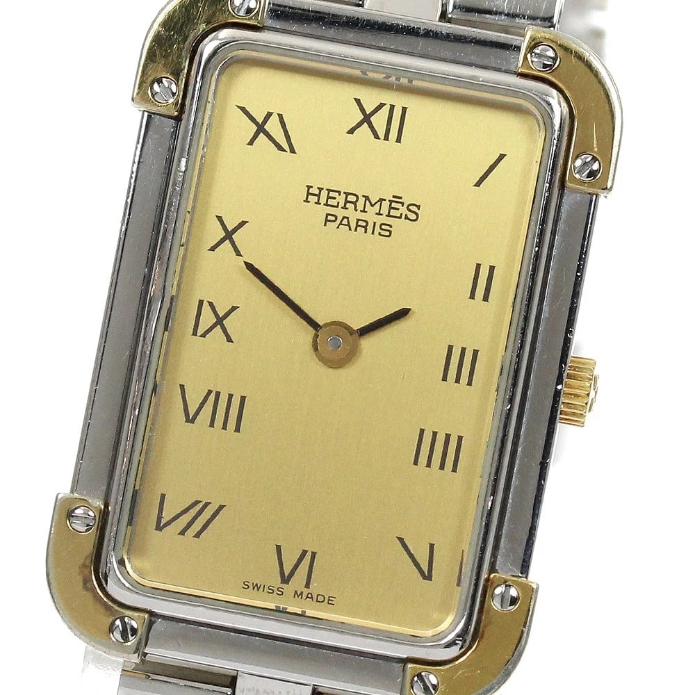 HERMES CLOJURE GOLD QUARTZ WATCH: HERMES Clojure gold Quartz Watch Brand: HERMES Type: Wristwatch Material: Band Material Stainless Steel/Gold Plated, Case Material Stainless Steel/Gold Plated Color: Band Color Silver / Gold, Dial Col