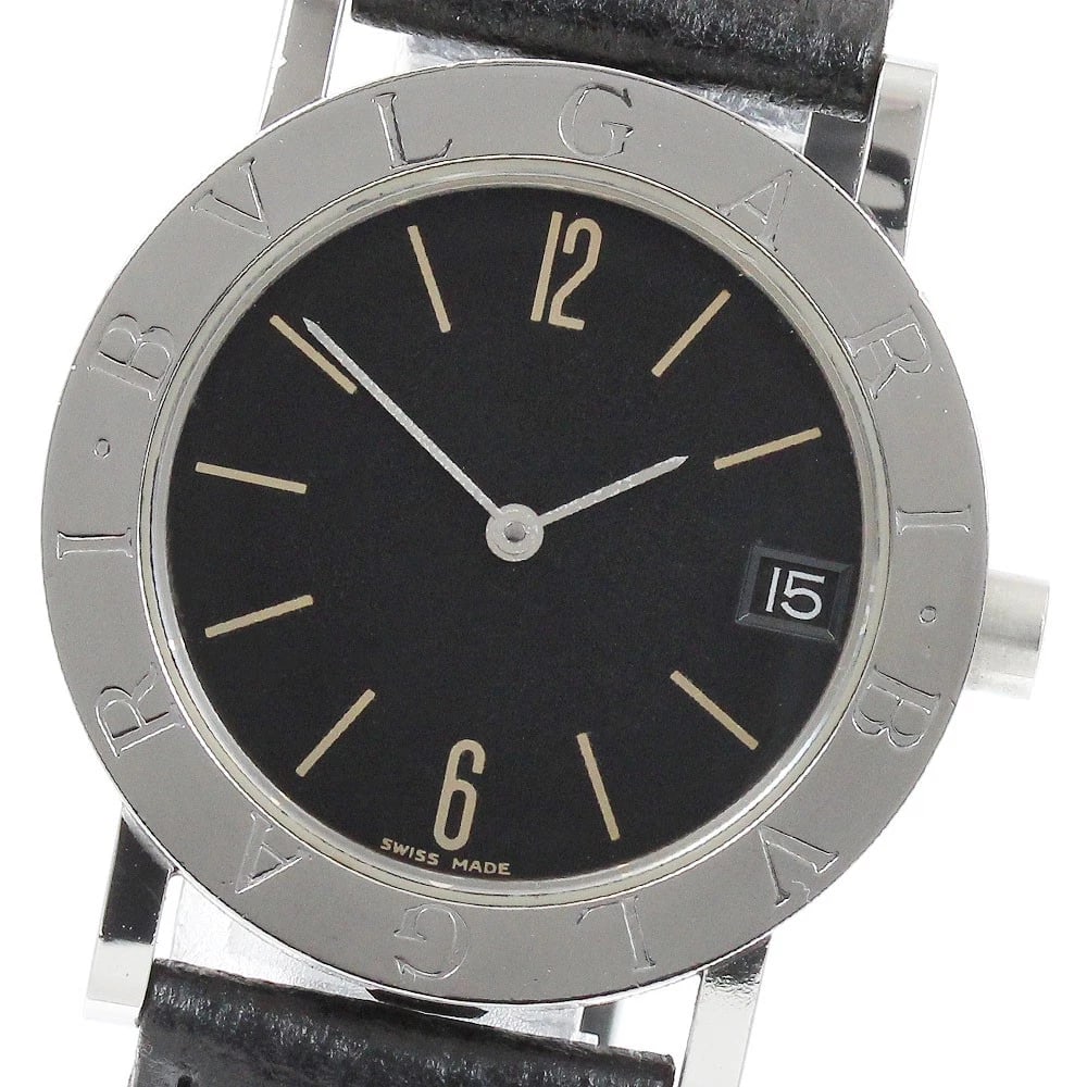 BVLGARI DATE BLACK QUARTZ WATCH: BVLGARI Date black Quartz Watch Brand: BVLGARI Type: Wristwatch Material: Band Material leather, Case Material Stainless Steel Color: Band Color black, Dial Colorblack, Case ColorSilver Size: Case