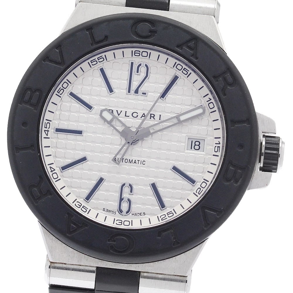 BVLGARI DIAGONO DATE SILVER AUTOMATIC WATCH: BVLGARI Diagono Date Silver Automatic Watch Brand: BVLGARI Type: Wristwatch Material: Band Material Stainless Steel / Rubber, Case Material Stainless Steel / Rubber Color: Band Color Silver / Black, D
