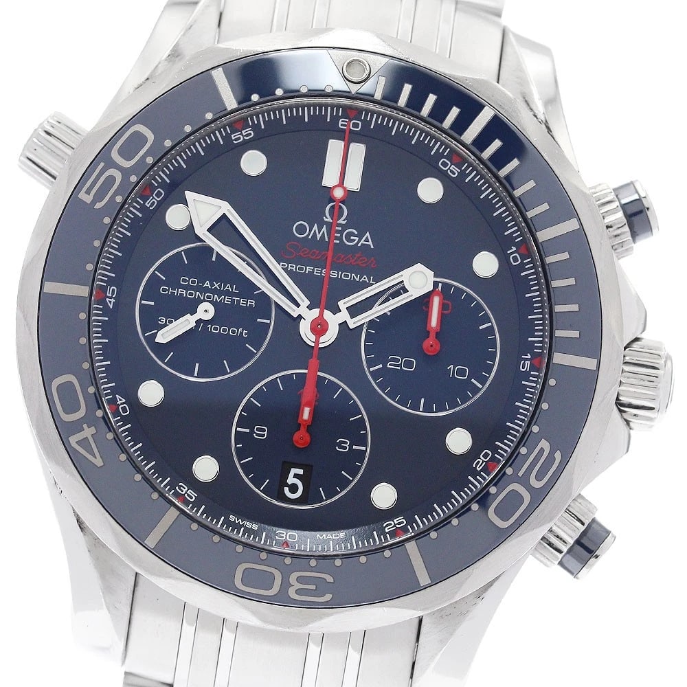OMEGA SEAMASTER CO-AXIAL CHRONOGRAPH WATCH: OMEGA Seamaster Co-Axial Chronograph watch Brand: OMEGA Type: Wristwatch Material: Band Material Stainless Steel, Case Material Stainless Steel Color: Band Color Silver, Dial ColorNavy, Case