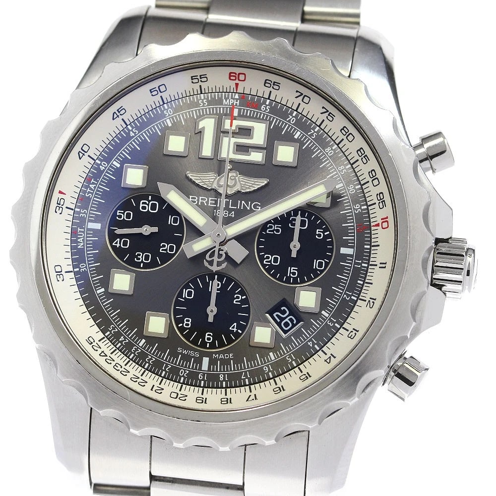 BREITLING CHRONO CHRONOGRAPH SILVER BLACK DIAL: BREITLING Chrono Chronograph Silver Black Dial Brand: BREITLING Type: Wristwatch Material: Band Material Stainless Steel, Case Material Stainless Steel Color: Band Color Silver, Dial ColorSilver / Bla