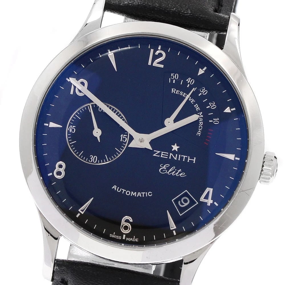 ZENITH CLASS ELITE RESERVE AUTOMATIC: ZENITH Class Elite Reserve Automatic Brand: ZENITH Type: Wristwatch Material: Band Material leather, Case Material Stainless Steel Color: Band Color black, Dial Colorblack, Case ColorSilver Size: Case