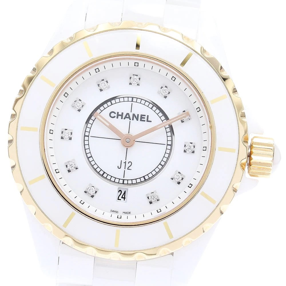 CHANEL J12 WHITE CERAMIC DIAMOND PG BEZEL QUARTZ WATCH: CHANEL J12 White ceramic diamond PG bezel Quartz Watch Brand: CHANEL Type: Wristwatch Material: Band Material ceramic, Case Material Ceramic/PG/Stainless Steel Color: Band Color white, Dial Colorwhite