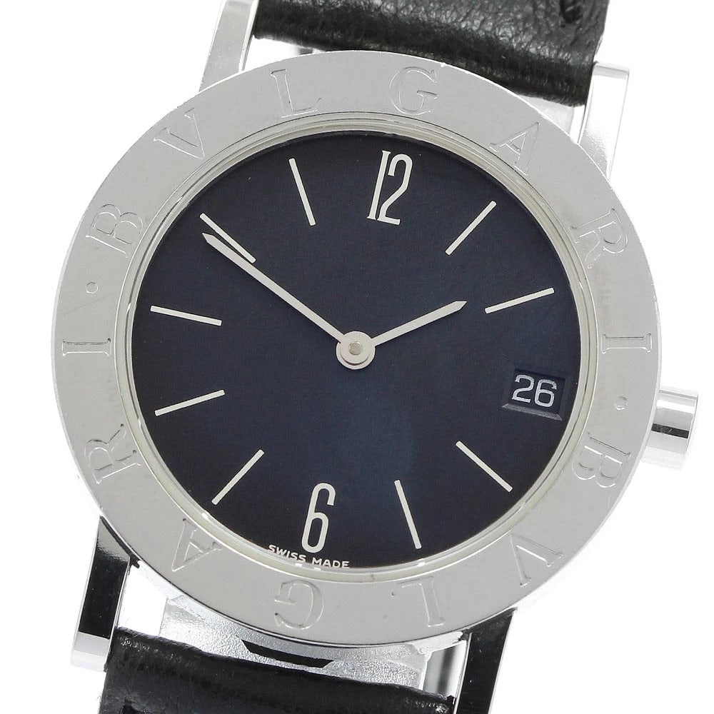 BVLGARI DATE BLACK QUARTZ WATCH: BVLGARI Date black Quartz Watch Brand: BVLGARI Type: Wristwatch Material: Band Material leather, Case Material Stainless Steel Color: Band Color black, Dial Colorblack, Case ColorSilver Size: Case Siz