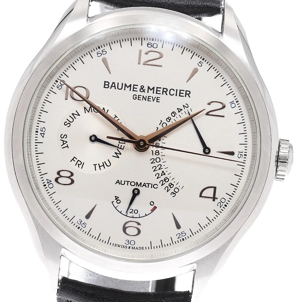 BAUME & MERCIER RETROGRADE SILVER AUTOMATIC: Baume & Mercier Retrograde Silver Automatic Brand: Baume & Mercier Type: Wristwatch Material: Band Material leather, Case Material Stainless Steel Color: Band Color black, Dial ColorSilver, Case Color