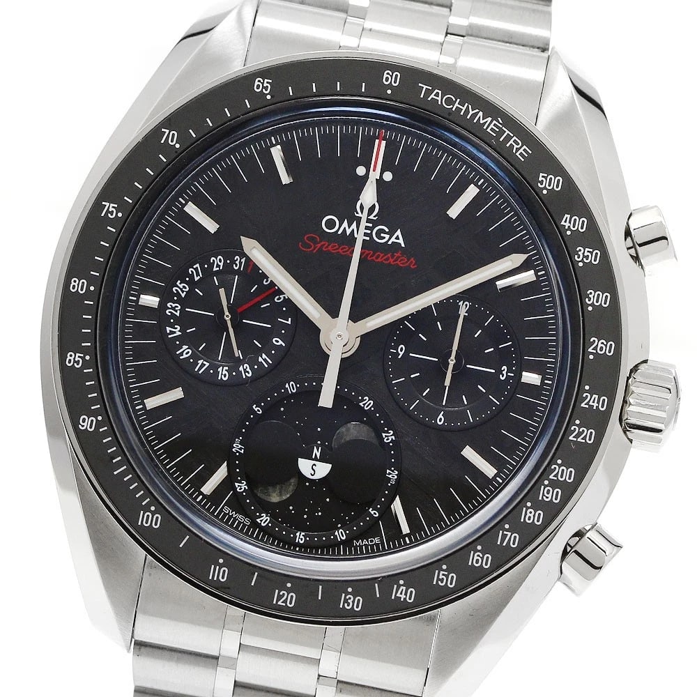 OMEGA SPEEDMASTER METEORITE MOONPHASE WATCH: OMEGA Speedmaster Meteorite Moonphase Watch Brand: OMEGA Type: Wristwatch Material: Band Material Stainless Steel, Case Material Stainless Steel Color: Band Color Silver, Dial Colorblack, Case ColorSi
