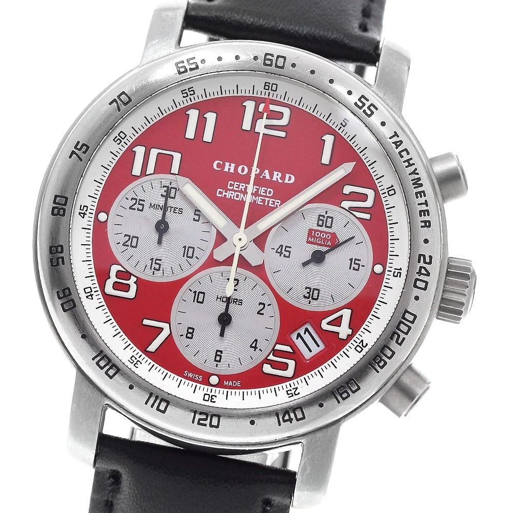 CHOPARD MILLERIA CHRONOGRAPH DATE RED SILVER AUTOMATIC: Chopard Milleria Chronograph Date Red Silver Automatic Brand: Chopard Type: Wristwatch Material: Band Material leather, Case Material titanium Color: Band Color black, Dial ColorRed / Silver, Case