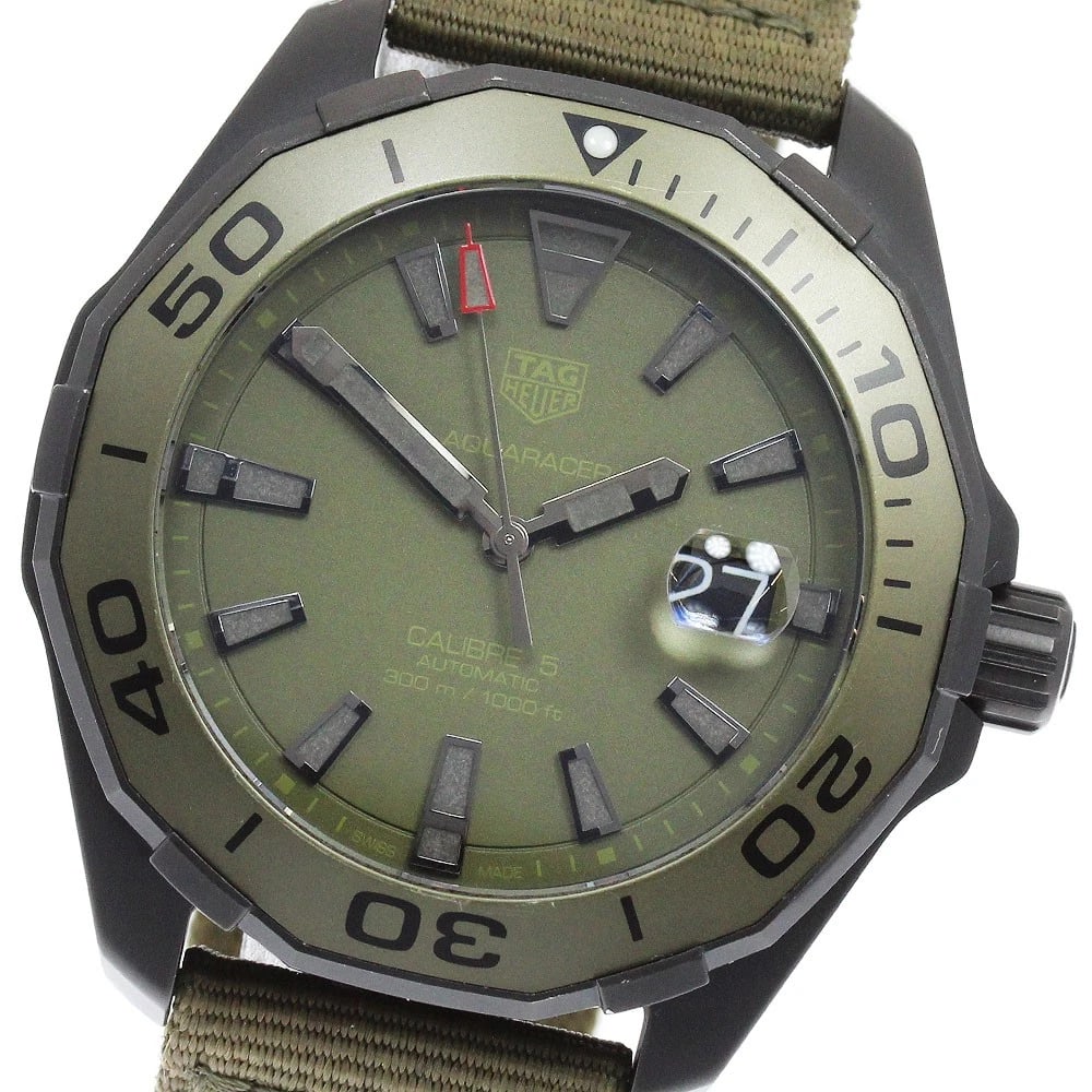 TAG HEUER AQUA RACER CALIBER DATE KHAKI AUTOMATIC: TAG HEUER Aqua Racer Caliber Date khaki Automatic Brand: TAG HEUER Type: Wristwatch Material: Band Material Nylon, Case Material titanium Color: Band Color khaki, Dial Colorkhaki, Case Colorblack Size