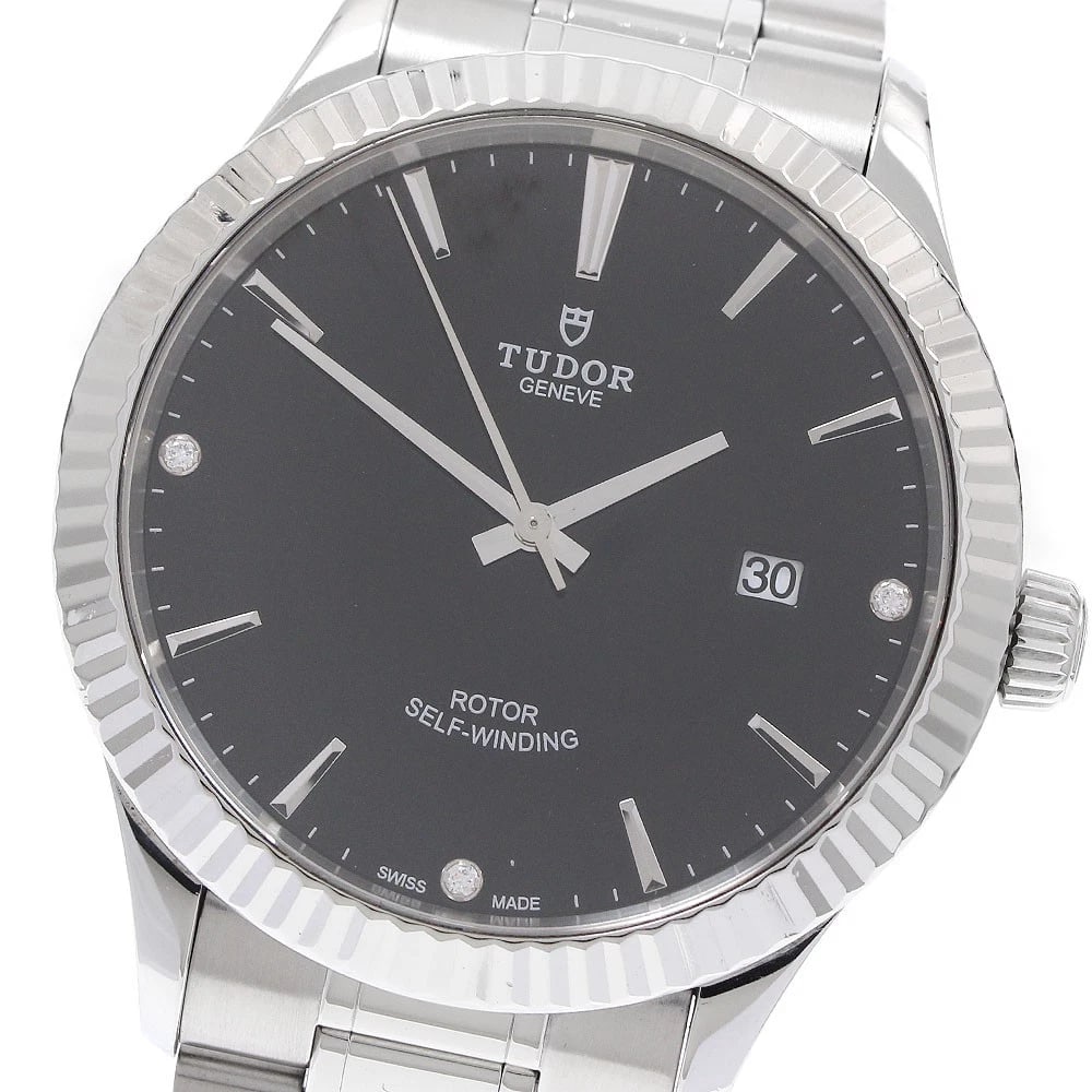 TUDOR STYLE DATE DIAMOND BLACK AUTOMATIC WATCH: TUDOR style Date diamond black Automatic Watch Brand: TUDOR Type: Wristwatch Material: Band Material Stainless Steel, Case Material Stainless Steel Color: Band Color Silver, Dial Colorblack, Case Colo