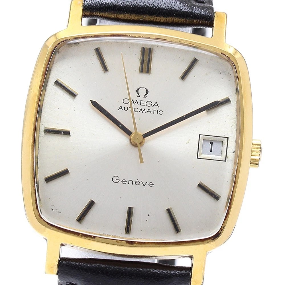 OMEGA GENEVE DATE AUTOMATIC WATCH: OMEGA Geneve Date Automatic Watch Brand: OMEGA Type: Wristwatch Material: Band Material leather, Case Material Stainless Steel/Gold Plated Color: Band Color black, Dial ColorSilver, Case ColorGold / S