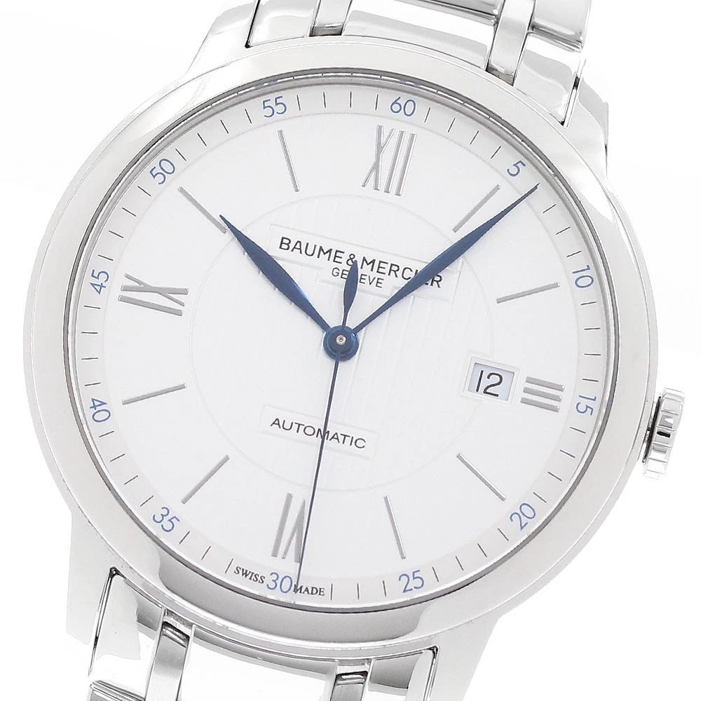 BAUME & MERCIER CLASSIC DATE SILVER AUTOMATIC WATCH: Baume & Mercier Classic Date Silver Automatic Watch Brand: Baume & Mercier Type: Wristwatch Material: Band Material Stainless Steel, Case Material Stainless Steel Color: Band Color Silver, Dial ColorS