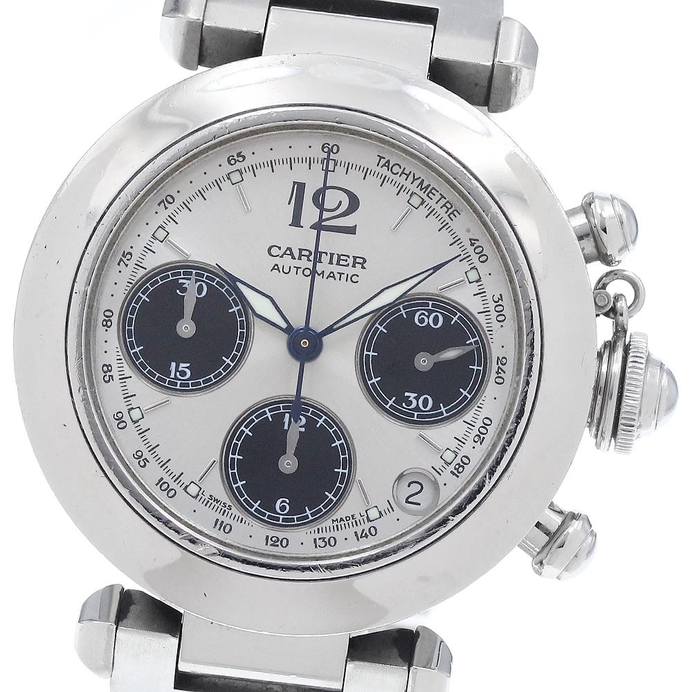 CARTIER PASHA CHRONOGRAPH DATE AUTOMATIC WATCH: CARTIER Pasha Chronograph Date Automatic Watch Brand: CARTIER Type: Wristwatch Material: Band Material Stainless Steel, Case Material Stainless Steel Color: Band Color Silver, Dial ColorSilver /