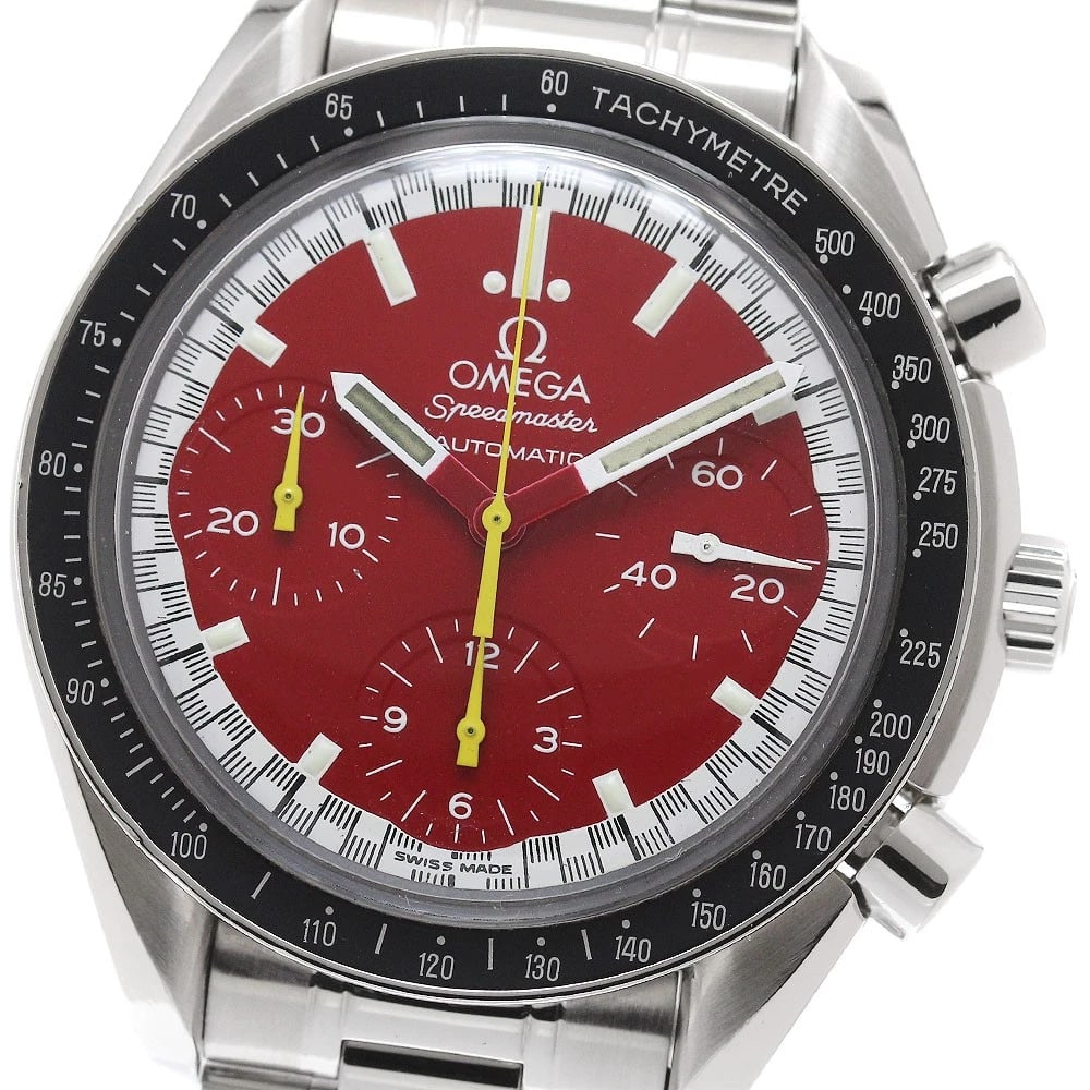 OMEGA SPEEDMASTER RACING SCHUMACHER AUTOMATIC WATCH: OMEGA Speedmaster Racing Schumacher Automatic Watch Brand: OMEGA Type: Wristwatch Material: Band Material Stainless Steel, Case Material Stainless Steel Color: Band Color Silver, Dial ColorRed, Case