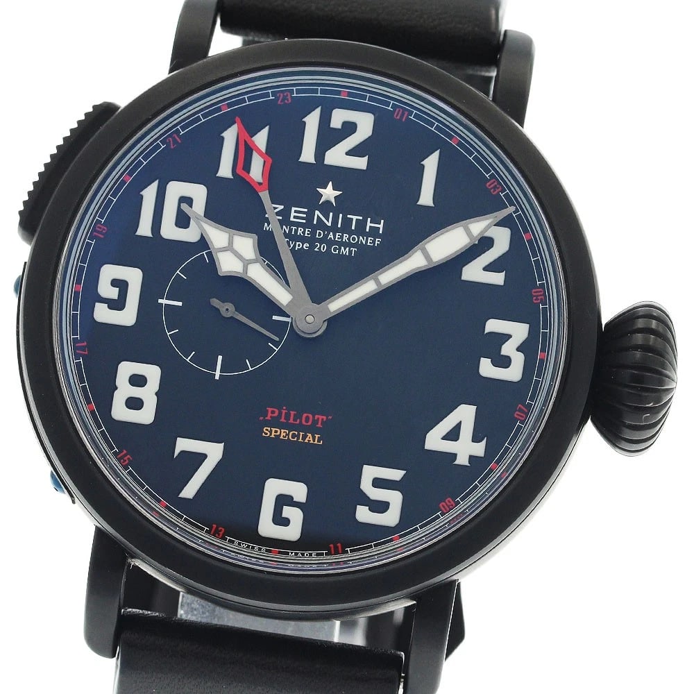 ZENITH PILOT AUTOMATIC WATCH: ZENITH Pilot Automatic Watch Brand: ZENITH Type: Wristwatch Material: Band Material Leather / Rubber, Case Material titanium Color: Band Color black, Dial Colorblack, Case Colorblack Size: Case Size A